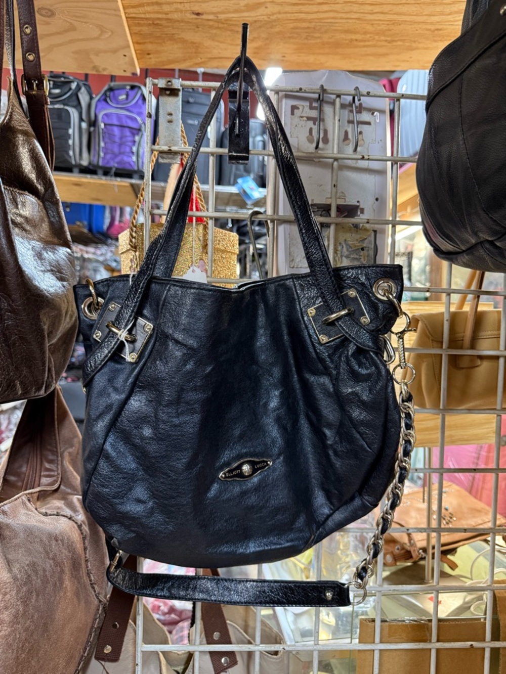 Elliot Lucca Black Real Leather Tote Shoulder Bag - Women's Fashion Handbag - Picture 13 of 14